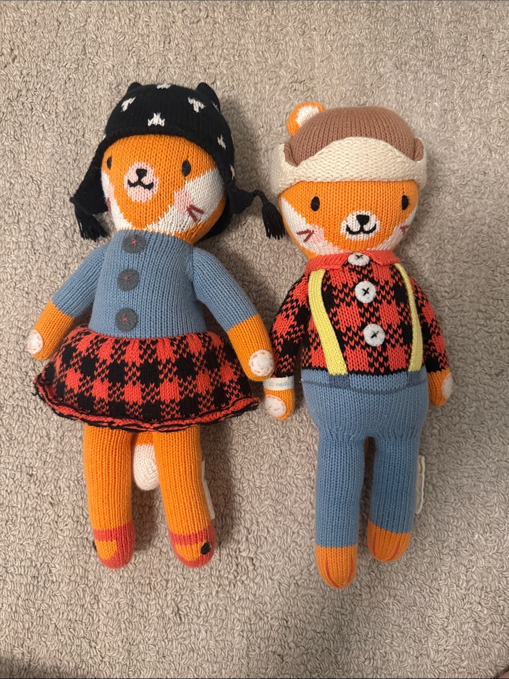 Hand-Knit Orange Fox Plush Doll Pair - Blue & Red Outfit Sadie fox and Wyatt fox